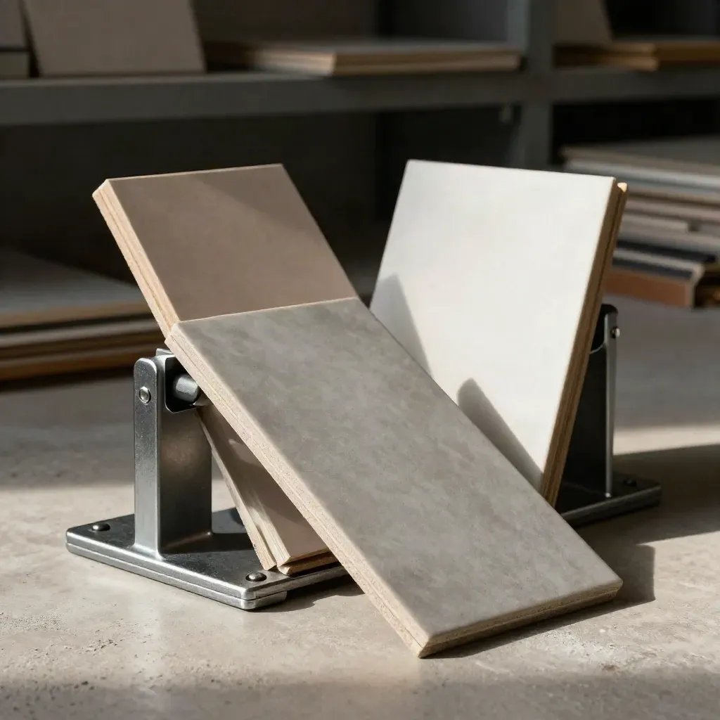 Steel brackets, sample board, clamp, and tile swatch on concrete in dramatic light.