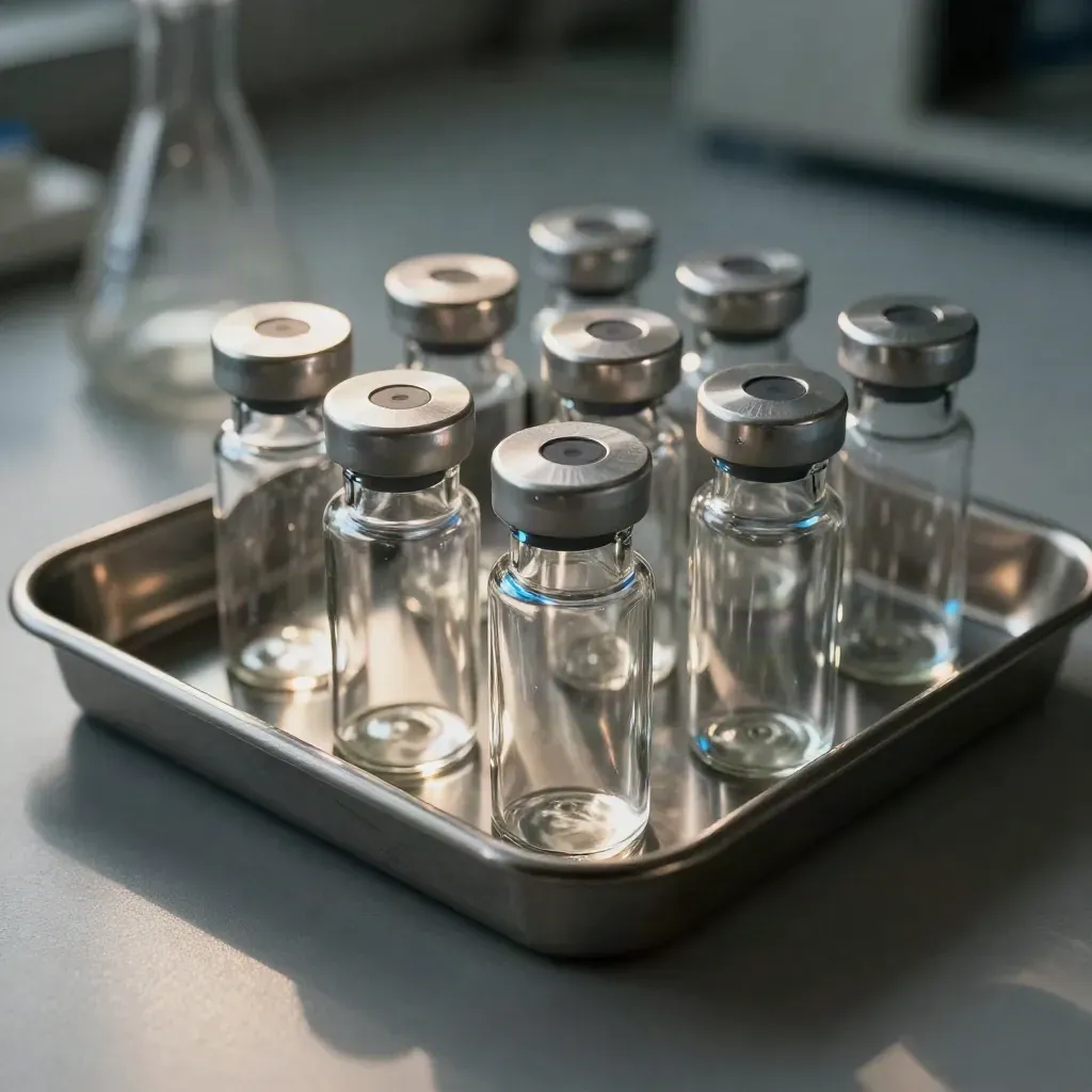 Lab reagent vials and a stainless tray in cool macro light for a technical service brand.