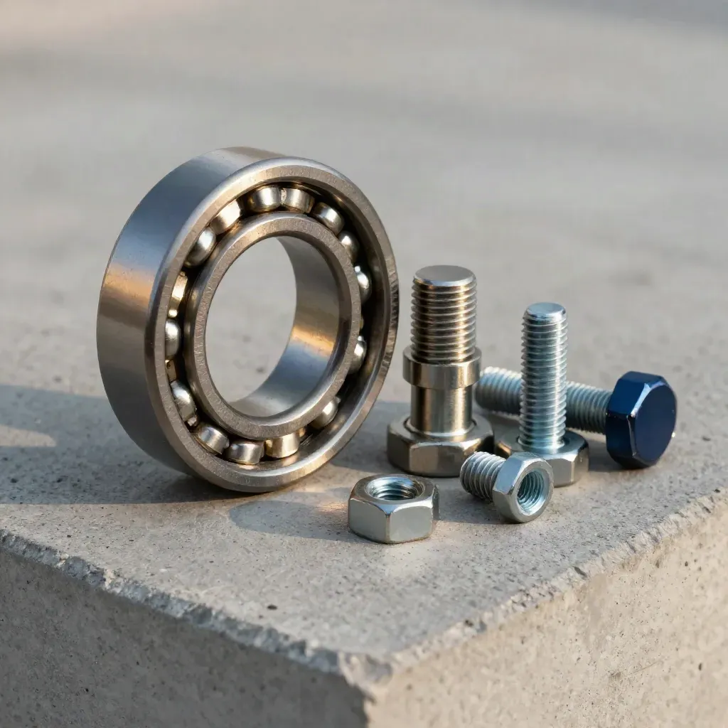 Bearing races and fasteners on concrete, lit with a sharp industrial highlight.