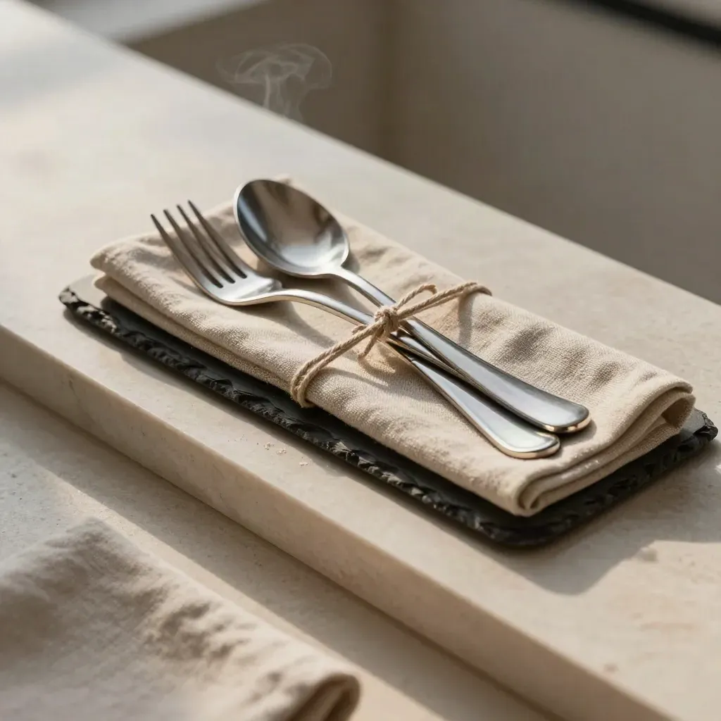 Cutlery bundle with linen napkin and slate coaster on pale stone in soft steam