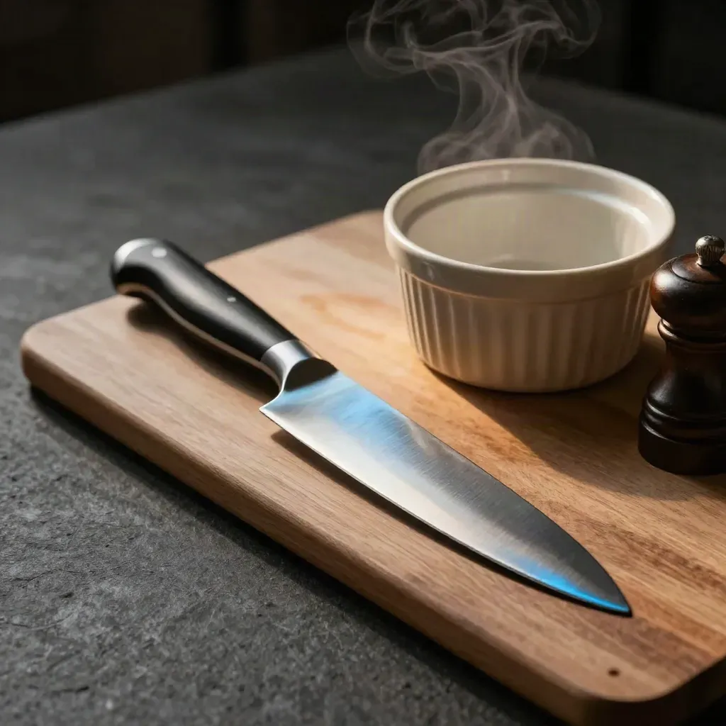 Chef knife, ramekin, and pepper mill on a stone prep surface with steam and dramatic light.