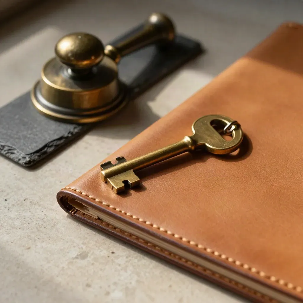 Brass key crossing a leather folio beside a bronze paperweight on brushed stone.