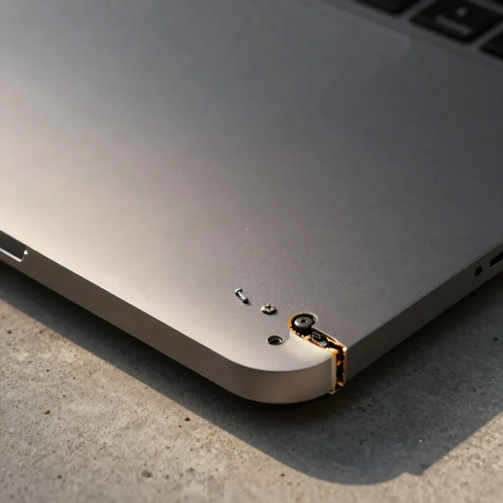 Macro of a laptop base with a swollen battery edge, tiny screwdriver bit, screws, and workshop dust.