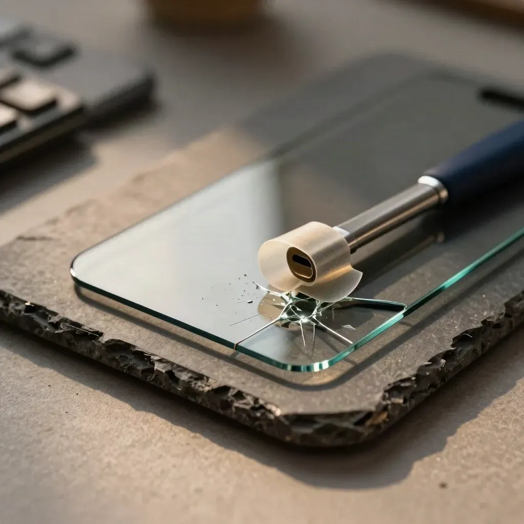 Cracked phone screen glass, adhesive strips and pry tool on a dark stone surface.