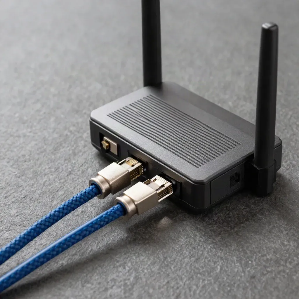 Router, braided ethernet cables and wall bracket on graphite stone under soft light.
