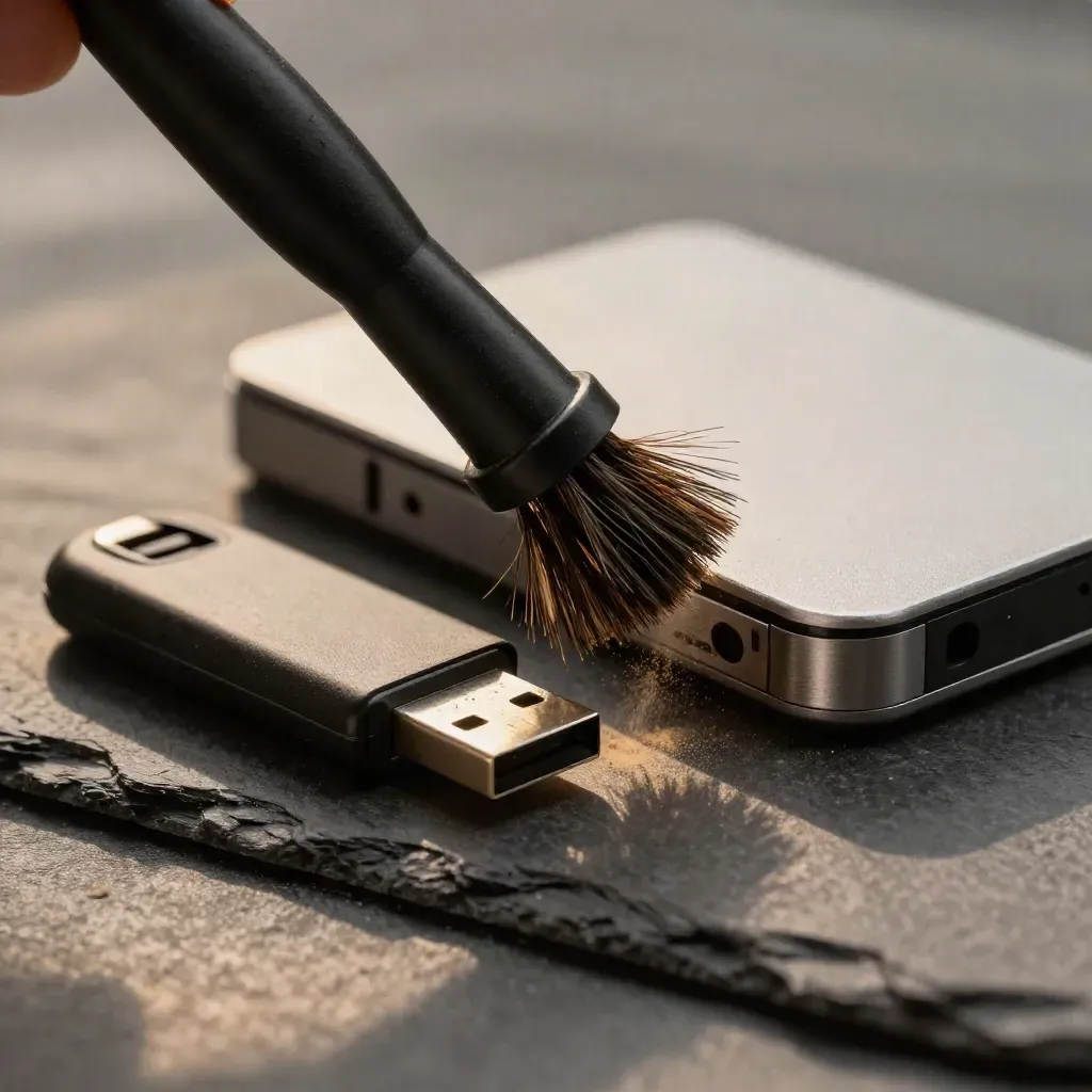 Antistatic brush sweeping past a USB flash drive and sealed SSD enclosure on graphite stone.