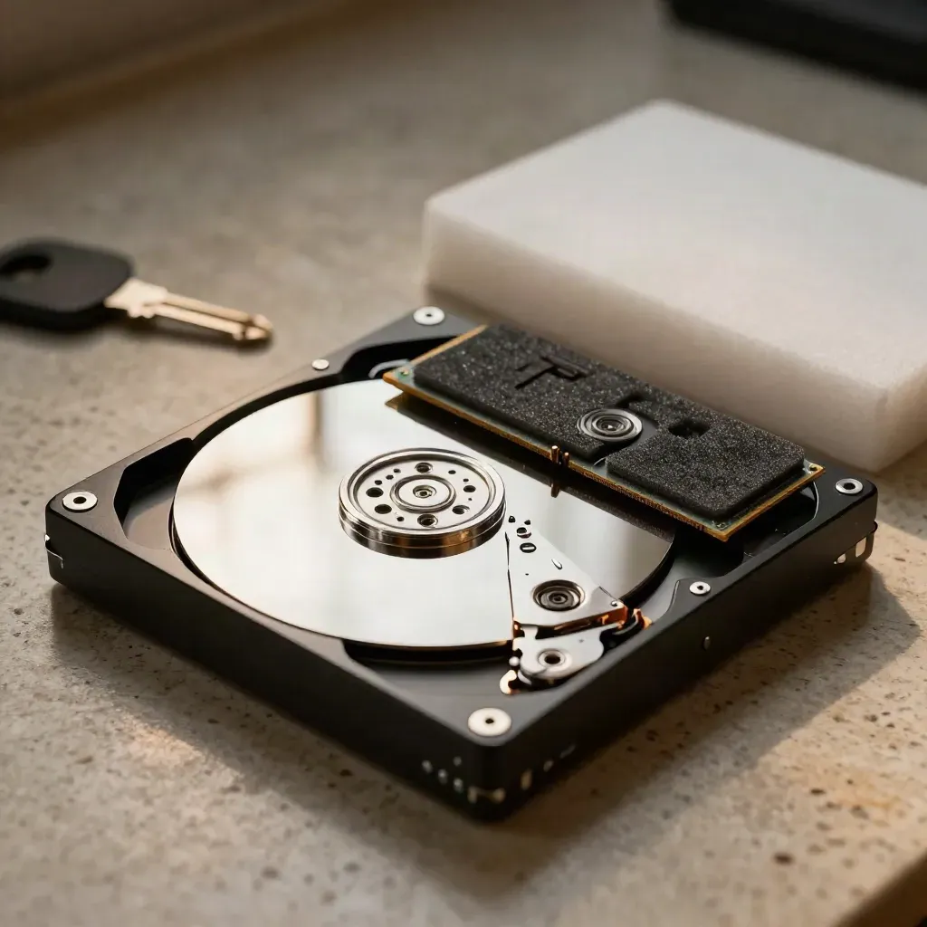 Failed hard drive, SSD in foam, and drive sled on a repair bench.