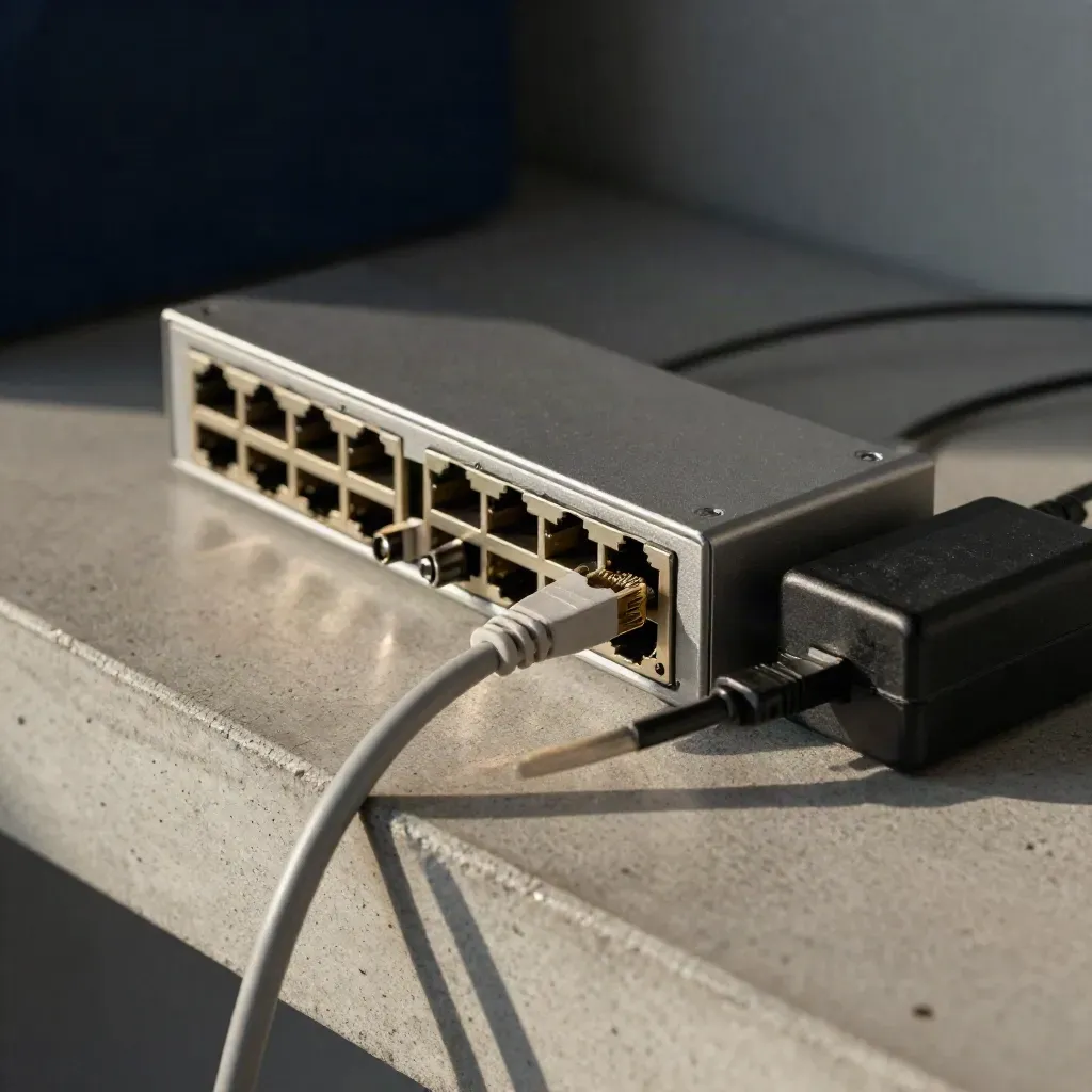 Compact network switch, coiled patch cable and laptop charger on concrete in hard sidelight.