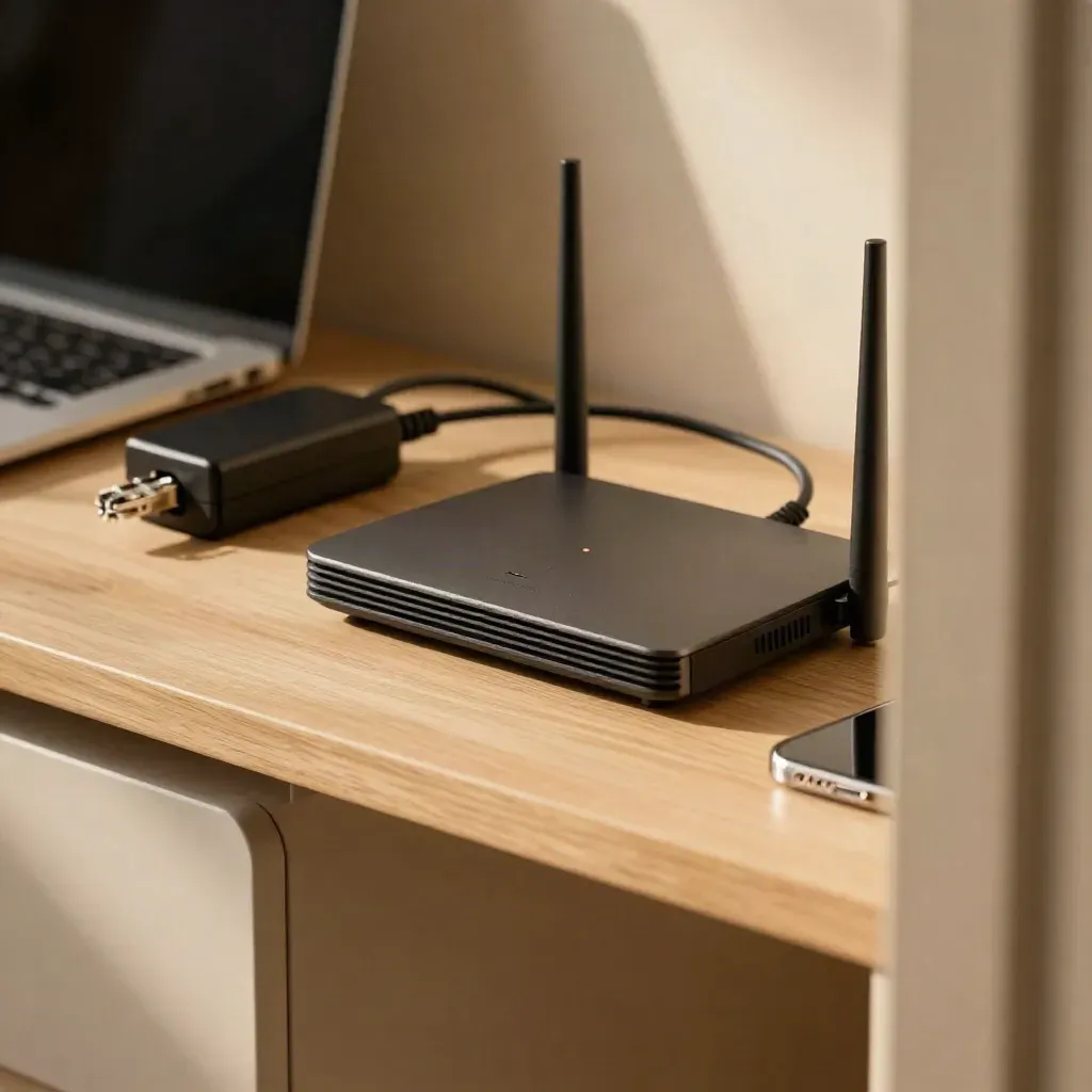 Wireless router, power brick and cracked phone case edge seen through a doorway