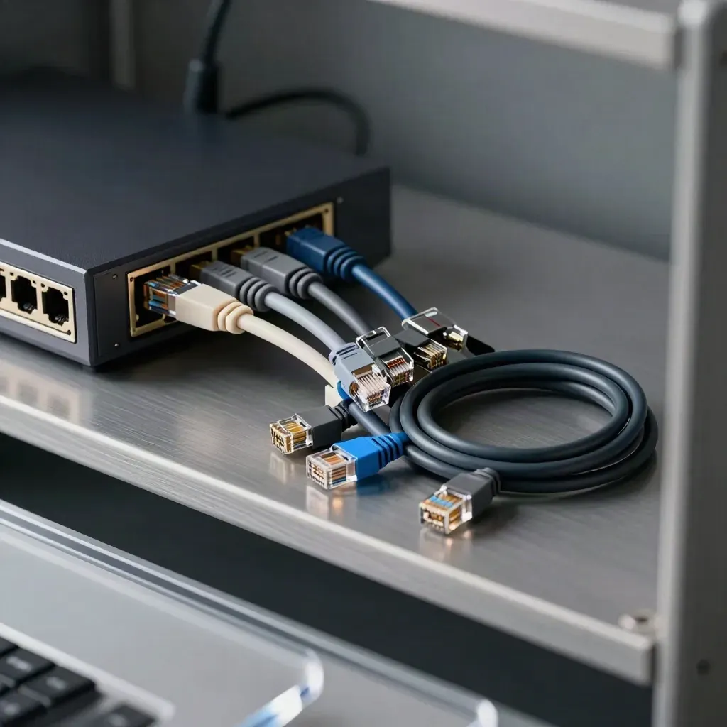 Ethernet patch leads, docking cable, and compact network hub on a brushed metal shelf
