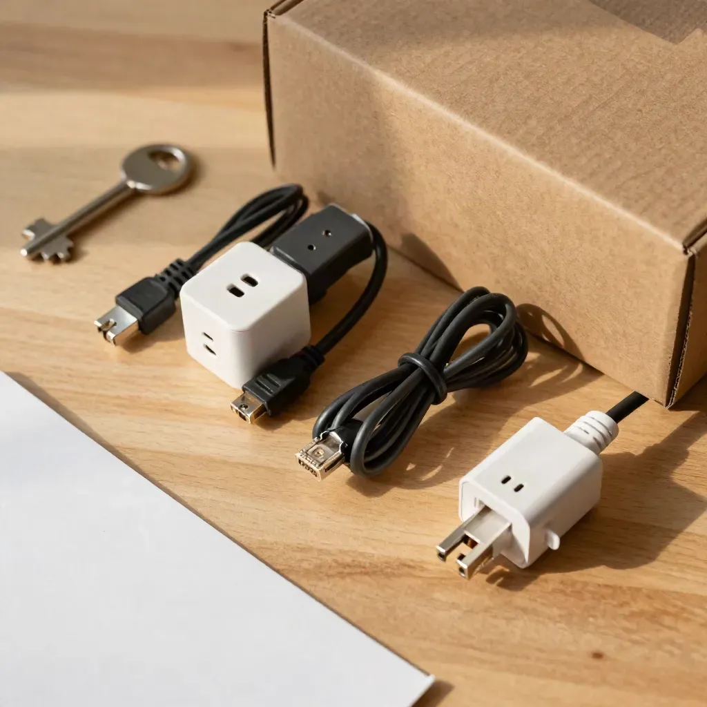 Kraft setup box with adapters, ethernet lead and smart plug on an oak workbench