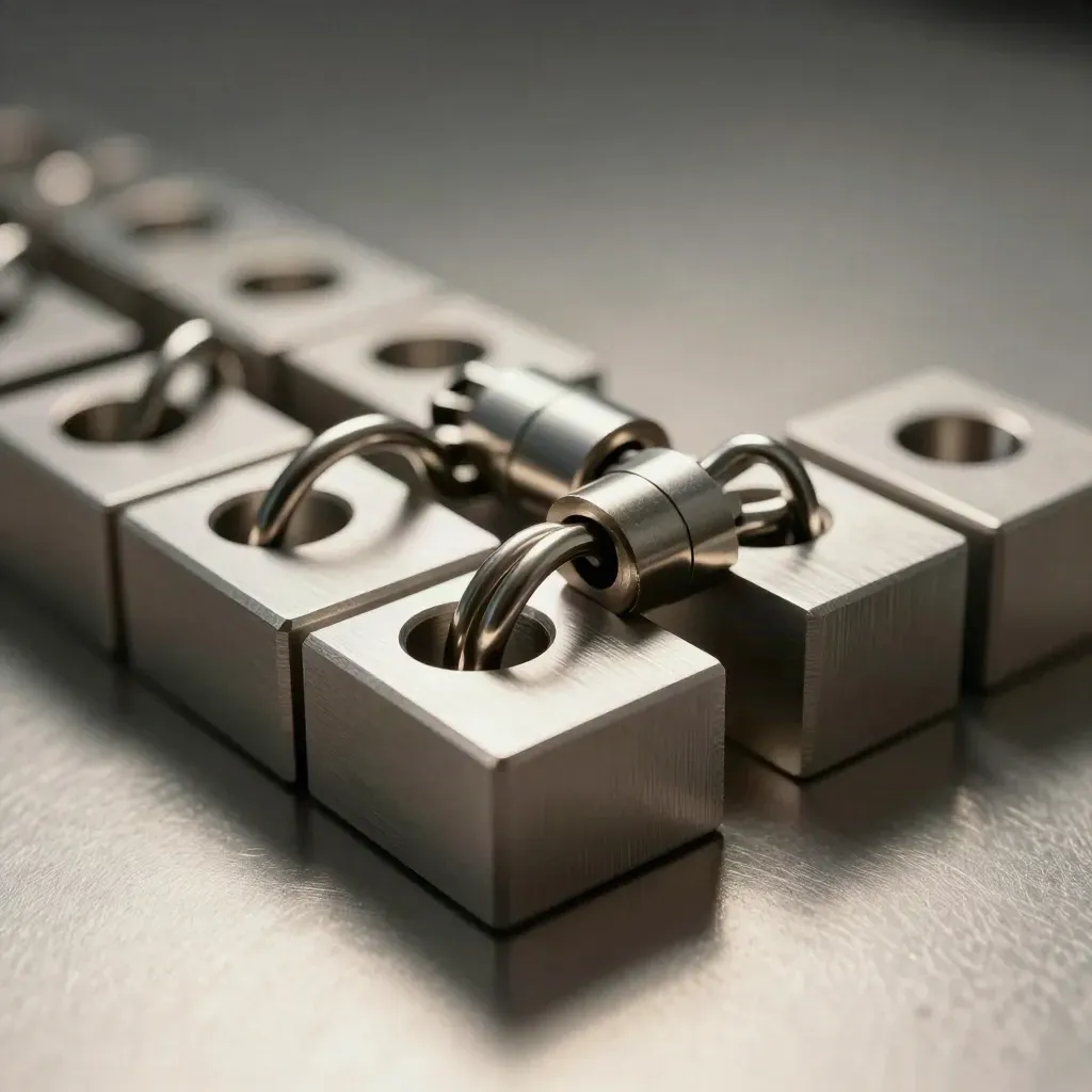 Machined aluminum blocks, linked steel rings, and a connector shell on brushed metal.