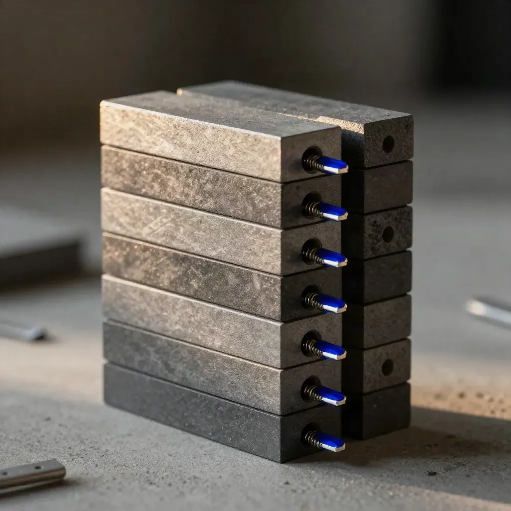 Matte graphite modular blocks with pins and a blue clip on concrete