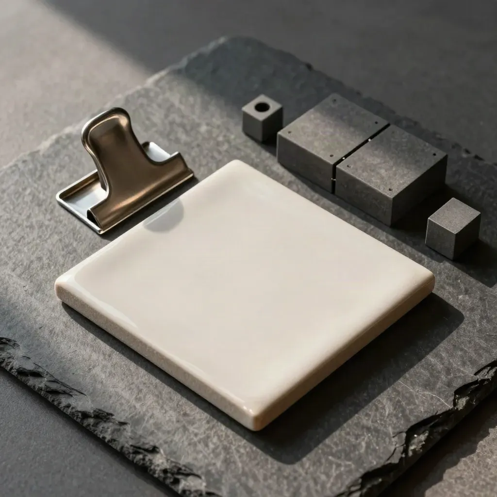 Top-down grid of ceramic tile, folded metal clip and modular block on slate stone.