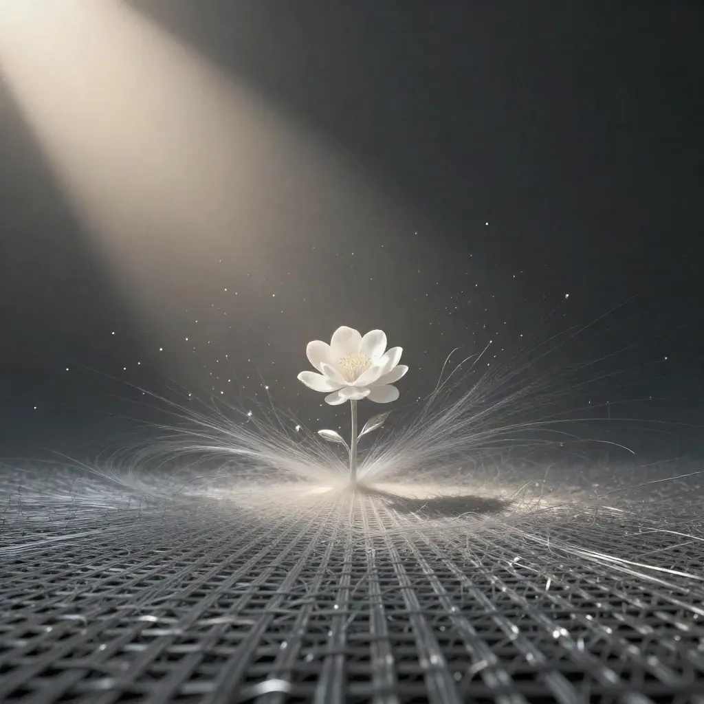 Silver light filaments converge into a white bloom in graphite haze, leaving empty space below.